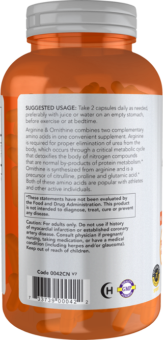 Now Foods Sports Arginine & Orthenine 500mg/250mg - 250 Veg Capsules